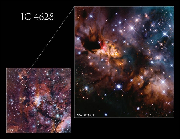 对虾星云位于天蝎星座心宿二恒星南侧,哈勃太空望远镜聚焦拍摄图像仅是巨大恒星形成区域的一小部分。