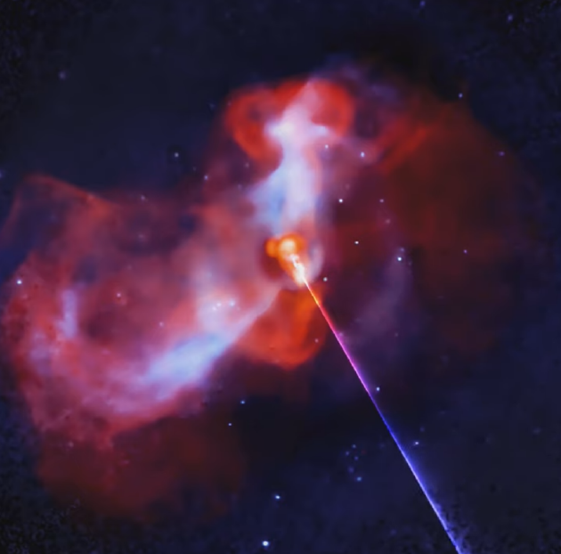 观测数据显示，M87黑洞正在喷射大量高能粒子，这些高能粒子与周围的巨大热气体云相互作用。
